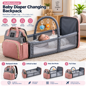 Multifunctional Baby Diaper Bag with Foldable Baby Bed